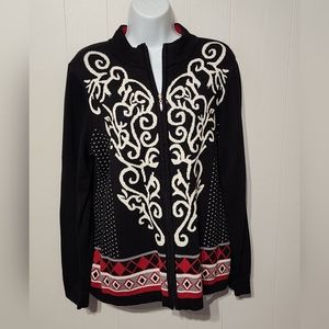 Christopher & Banks Sweater Medium Black White Red Full Zip Mock Neck Office B23